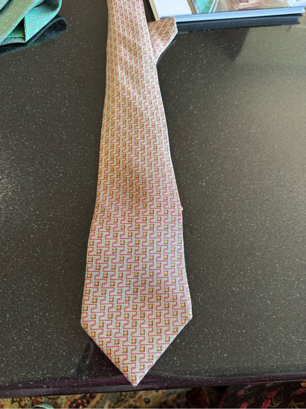 Hermes Pink and Gold Geometric Silk Tie